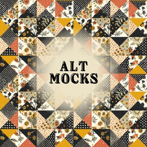 Puede incluir: Un patrón de colcha de retazos colorido con una variedad de estampados florales y formas geométricas en tonos de negro, blanco, amarillo, naranja y rojo. El texto "ALT MOCKS" se superpone a la imagen.