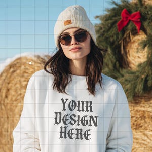 White Gildan 18000 Sweatshirt Mockup Christmas G18000 Lifestyle Mock Streetwear Mock up Aesthetic Influencer Mockup Trendy Oversized Y2k G18