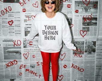 White Gildan 18000 Sweatshirt Mockup Valentines Day G18000 Lifestyle Mock up Pinterest Aesthetic Influencer Mockup Trendy Oversized Y2k G18