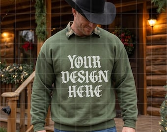 Military Green Gildan 18000 Mockup Christms G18000 Lifestyle Western Holiday Sweatshirt Mock up Pinterest Aesthetic Influencer Trendy G180