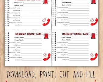 Childcare emergency card for providers, emergency contact card, printable childcare forms, daycare forms, daycare emergency contact card