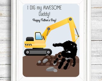 Father's Day handprint art, excavator printable, construction father's day gift, gifts for dad from kids, I dig my awesome daddy keepsake