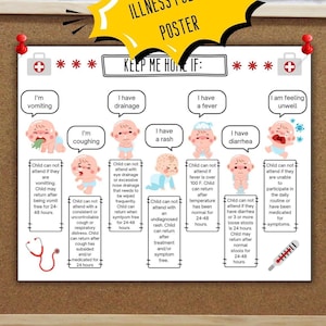 Illness policy poster for daycare or school, keep me home if sick display, illness exclusion at daycare or school, daycare sickness poster
