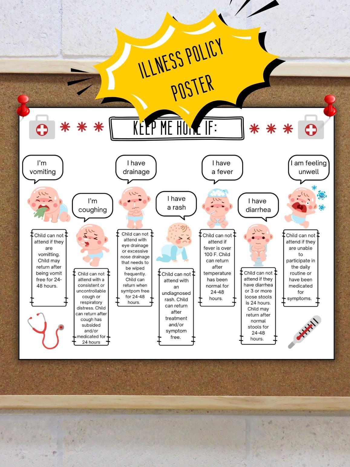 Illness policy poster for daycare or school, keep me home if sick display, illness exclusion at daycare or school, daycare sickness poster