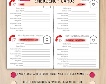 Emergency contact cards for childcare providers, editable contact cards for daycare, daycare babysitter nanny printable emergency cards