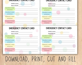 Childcare emergency card for providers, emergency contact card, printable childcare forms, daycare forms, daycare emergency contact card