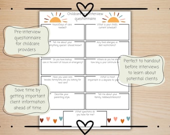 Cuestionario previo a la entrevista de cuidado infantil, formulario de admisión a guardería descargable digitalmente, preguntas de entrevista para proveedores de guardería, entrevista de guardería