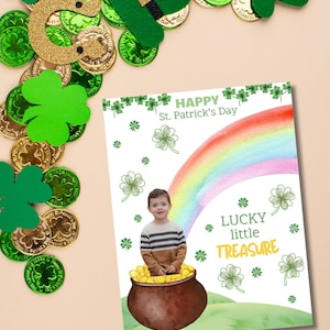 May include: A St. Patrick's Day greeting card with a watercolor rainbow and a pot of gold. The card features the text "Happy St. Patrick's Day" and "Lucky little Treasure". Green shamrocks and gold coins surround the card.