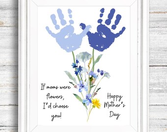 Handafdruk Moederdag, cadeau met wilde bloemen als aandenken met handafdrukken, handafdrukcadeau voor moeder, Moederdag van kinderen, afdrukbaar voor moeder