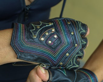 Rainbow Warrior fingerless leather gloves