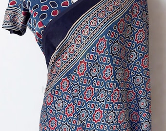 Ajrakh Modal Silk Saree with stitched blouse