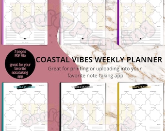 May include: A set of seven printable weekly planner pages featuring a coastal vibe design. Each page has a black and white starburst pattern with a blank space for writing. The pages are labelled with the days of the week and have sections for to-do lists, notes, and a keep going section.