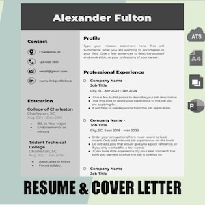 Puede incluir: Una plantilla de currículum en blanco y negro con el nombre Alexander Fulton en la parte superior. El currículum incluye secciones de información de contacto, educación y experiencia profesional. La plantilla está diseñada para que los sistemas de seguimiento de candidatos (ATS) la lean fácilmente.