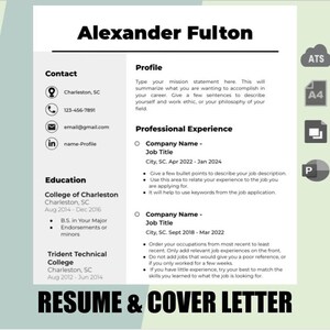 Puede incluir: Una plantilla de currículum en blanco y negro con el nombre Alexander Fulton en la parte superior. La plantilla incluye secciones para información de contacto, educación, experiencia profesional y un perfil. El texto "RESUME & COVER LETTER" está en la parte inferior de la página.