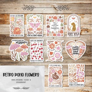 Retro Boho Flowers Sticker Set – Vinyl Decals - 10 Pieces Sticker Pack 5-6cm