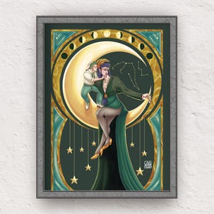 May include: Art print featuring a woman in a green dress seated on a crescent moon, with a figure behind her. The artwork has a celestial theme, with stars and phases of the moon. The color palette includes gold, green, and purple.