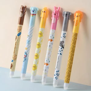 Lot de 6 Stylos Gel Effaçables - Pointe Fine 0.7mm - Encre Bleue - Design Inspiré de Legami - Fournitures Scolaires et Bureau
