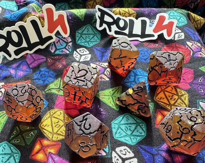 Featured listing image: Magma DnD 7 Dice set, Crackle Glitter, Red Dungeons and Dragons Dice, Pathfinder Gift Dice, Fire Resin Dice
