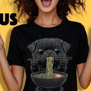 Ramen Black Pug T-Shirt | Japanese soba dog, Pug eat noodles, Cute pug, Cute Asian Food Tee, pug lover gift, dog meme, men, women, for m