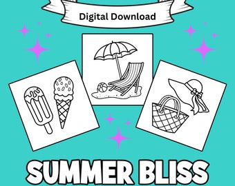 Páginas para colorir imprimíveis Summer Bliss, designs ousados e fáceis para adultos e crianças, simples e fofos para relaxar, páginas para colorir de verão