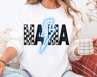 Blue lightning bolt mama checkered png