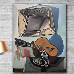 Pablo Picasso, Natura morta con chitarra, decorazione su tela di Picasso, stampa poster di Picasso, arte su tela moderna, decorazione su tela cubica, arte astratta