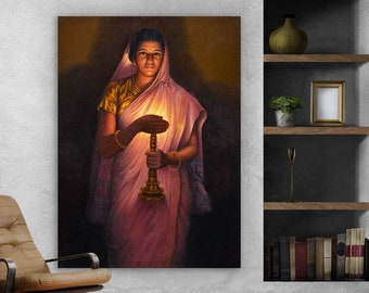 Raja Ravi Varma Painting: Lady With Lamp Canvas Wall Art, gift ideas