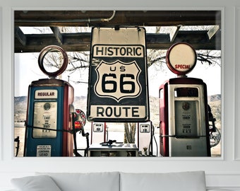 Route 66 Vintage Gas Pump Canvas Print, Road Trip Man Cave Decor