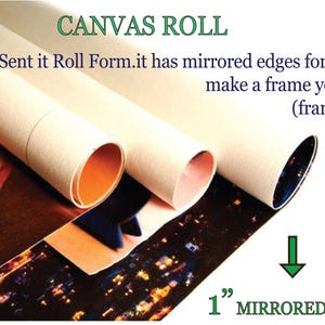 May include: A roll of canvas with a 1 inch mirrored edge. The canvas is rolled up and the edges are visible. The text "CANVAS ROLL" is at the top of the image. The text "Sent it Roll Form.it has mirrored edges for you to make a frame yourself (frameless)" is below the title.