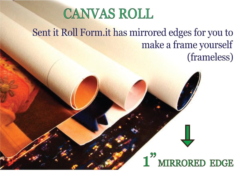 May include: A roll of canvas with a 1 inch mirrored edge. The canvas is rolled up and the edges are visible. The text "CANVAS ROLL" is at the top of the image. The text "Sent it Roll Form.it has mirrored edges for you to make a frame yourself (frameless)" is below the title.