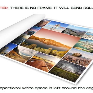 May include: A poster with a collage of various landscape and cityscape photographs. The poster is rolled up and partially unfurled, revealing the images. The text "POSTER: THERE IS NO FRAME, IT WILL SEND ROLL FORM" is printed at the top of the poster.