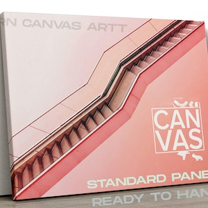 May include: A pink and white canvas print featuring a close-up of a staircase with the word "CANVAS" in white text. The print also includes the text "STANDARD PANEL READY TO HANG" in white text.
