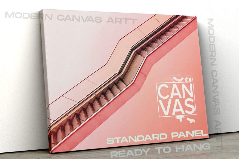 May include: A pink and white canvas print featuring a close-up of a staircase with the word "CANVAS" in white text. The print also includes the text "STANDARD PANEL READY TO HANG" in white text.