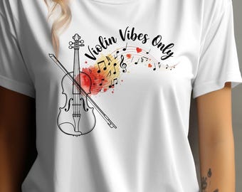 May include: White t-shirt featuring a violin and bow graphic, with the words "Violin Vibes Only." The design incorporates musical notes and a watercolour splash in red and yellow. A casual, music-themed tee.