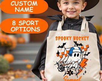 Personalisierte, gruselige Hockey-Geister-Tragetasche, Halloween-Süßigkeitentüte mit individuellem Namen, Geschenktüte für Sportfans, Süßes oder Saures, Kindergeschenk