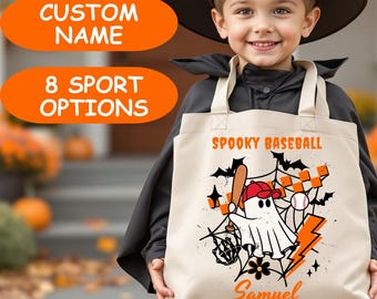 Gepersonaliseerde Halloween-draagtas, griezelige honkbal-spooktas met naam, snoeptas voor 'trick or treat', Halloween-snoepzak, sportief Halloween-cadeau-idee
