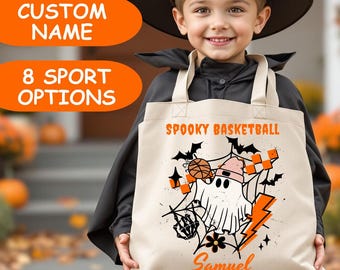 Gepersonaliseerde spookbasketbal draagtas, gepersonaliseerde Halloween snoepzak, cadeau-idee voor sportfans, draagtas met naam