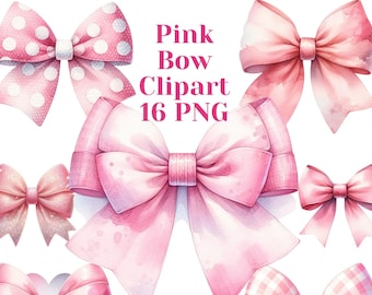 Pink Bows Clipart Collection, Pink Watercolor Bow PNG, Aesthetic Images, Cute Preppy Gift Ribbon, Instant Download, Transparent Background
