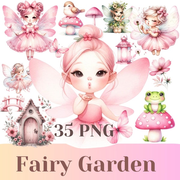 Pink Fairy Garden Clipart Bundle, Fantasy Butterfly Clip Art, Cute Fairies, Fairy Mushrooms Floral Design, Fairy Tale PNG - Instant Download