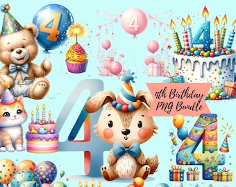 4th Birthday PNG Bundle, Fourth Birthday Girl and Boy Clipart, Birthday Cake Illustration, 4th Birthday Balloons PNG Baby Clip Art Printable