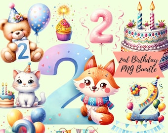 Paquete PNG de segundo cumpleaños, clipart de niña y niño de segundo cumpleaños, ilustración de pastel de cumpleaños, globos de segundo cumpleaños PNG para bebé, clipart imprimible