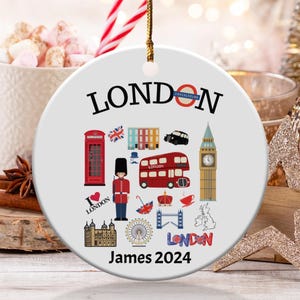 London Christmas Ornament, London Souvenirs, Personalized Travel Souvenir, Custom Name and Date Ornament, British Ornaments Gifts