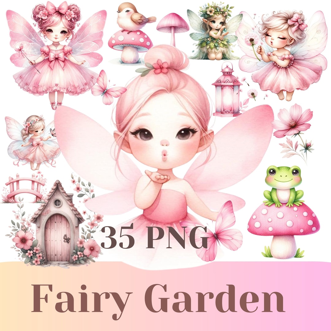 Pink Fairy Garden Clipart Bundle, Fantasy Butterfly Clip Art, Cute ...