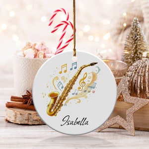 Ornamento per sassofono con nome personalizzato, decorazione per sassofono in oro, regalo per musicisti, decorazione per strumenti musicali, regalo per amanti della musica, decorazione per sassofono per le feste