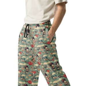 Vintage Anime Jogger mit weitem Bein, Retro japanische Geishas Lockere Hose, lässige Hose, bequeme sportliche Kleidung, stilvoller Street Style