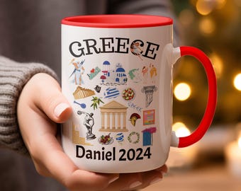 Greece themed mug personalized name date custom coffee cup souvenir gift for travelers unique Greek culture design