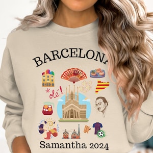 Custom Name and Year Barcelona Sweatshirt, Barcelona Travel Souvenir Sweater, Custom Barcelona Gift, Unique Barcelona Hoodie, Spain Apparel