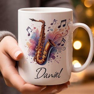 Personalized Saxophone Mug, Custom Name Coffee Mug, Music Lover Gift, Gift for Saxophonist, Unique Music Mug, Jazz Saxophone Art