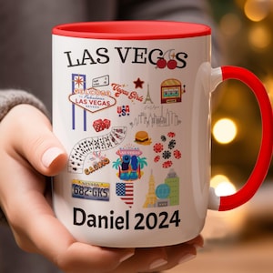 Taza de recuerdo de Las Vegas, idea de regalo personalizada con nombre y fecha, recuerdo de viaje personalizado, taza de Las Vegas, regalo único, diseño divertido