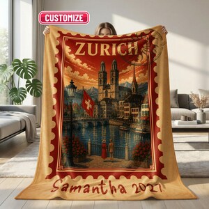Custom Zurich Blanket Personalized Travel Gift, Swiss City Sherpa Fleece Throw, Vintage Stamp Memory Blanket, Birthday Christmas
